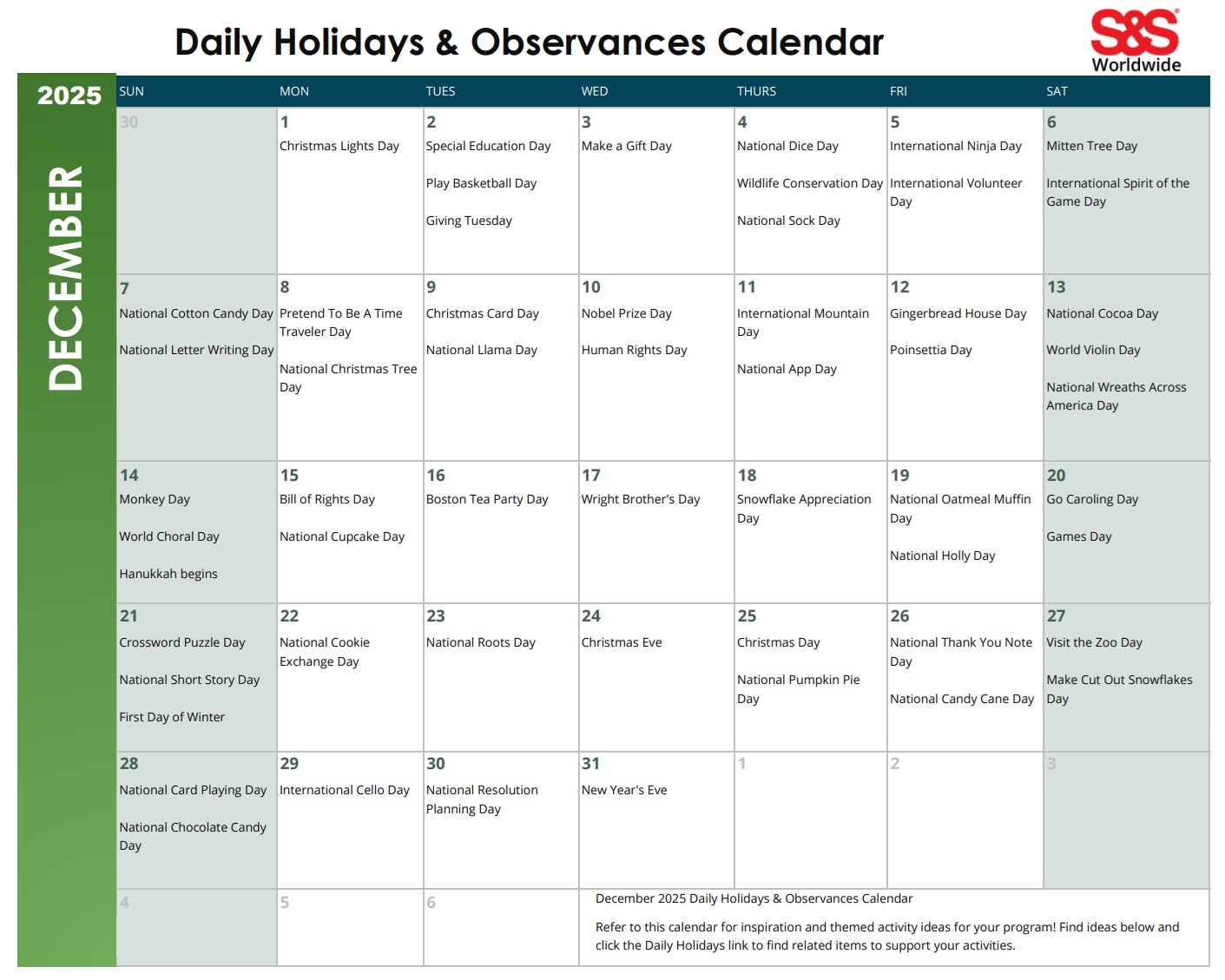 december daily holidays calendar